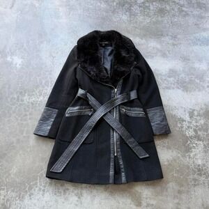 Vintage Y2K early 2000's designer Via Spiga Black Wool long fur collar